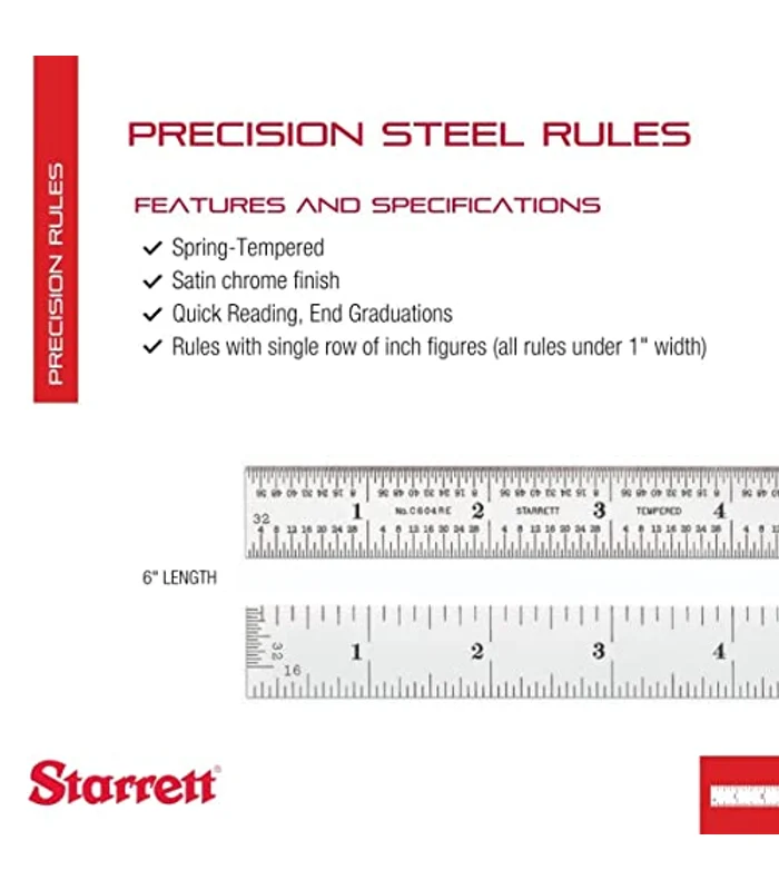 Starrett 6-Inch Spring-Tempered Steel Rule with Inch Graduations